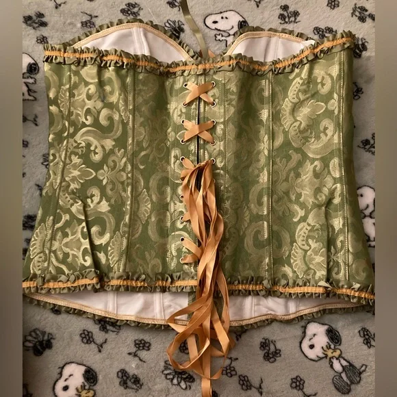 Elegant Green Brocade Corset bustier lingerie shapewear gold jacquard - Picture 2 of 2